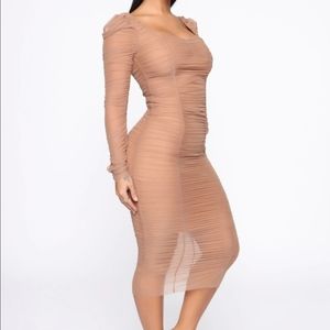 Fashion Nova Nude Did You Mesh Me Long Sleeve Ruched Bodycon Midi Dress